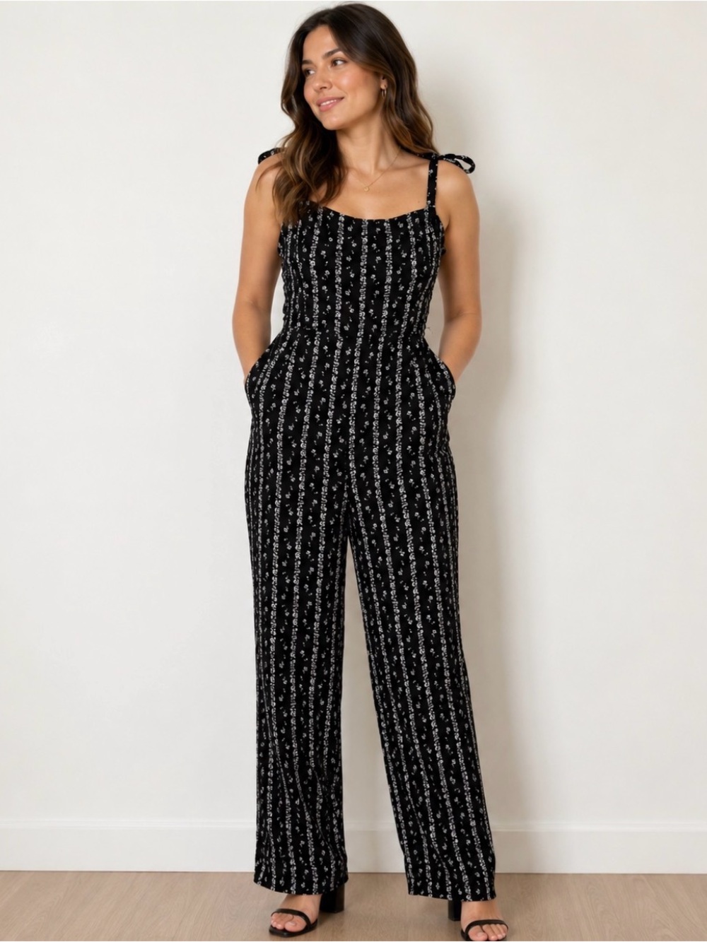 PAIGE Black Floral Jumpsuit Size US M / UK 12 Sleeveless Wide Leg Boho Chic